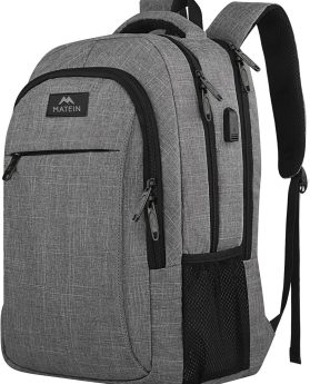 MATEIN Travel Laptop Backpack, Business Anti Theft Slim Sturdy Laptops Backpack with USB Charging Port, Water Resistant College School Computer Bag Gift for Men & Women Fits 15.6 Inch Notebook, Grey