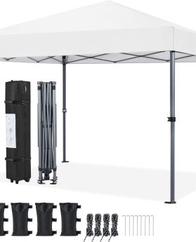 Yaheetech 10x10 1-Person Setup Pop Up Canopy Tent, Instant Portable Commercial Canopy Tent, Outdoor Gazebo with 1-Button Push, Wheeled Bag & 4 Sandbags for Home, Party & Outdoor Activities, White